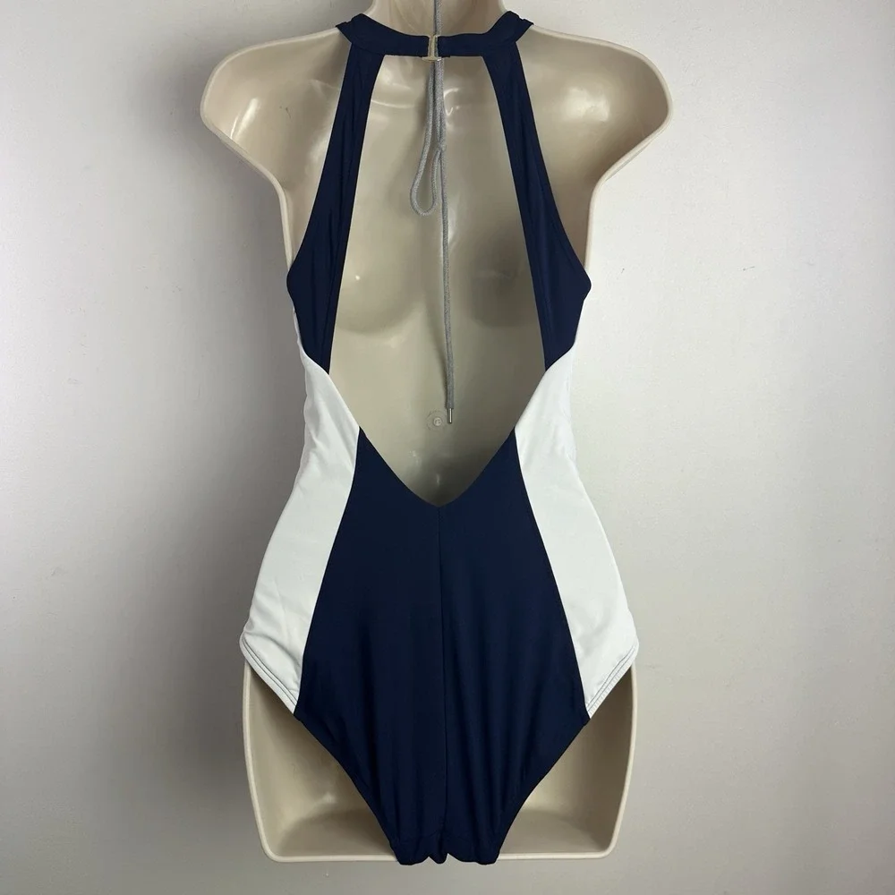 Tory Burch Sport One‎ Piece Swimsuit Size Medium Crew Neck Navy Blue White
